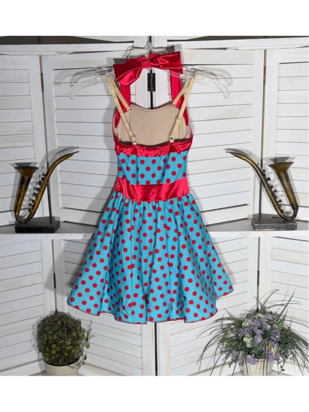 Child's pinup girl dress retro 50s style blue red polka dot Halloween costume S